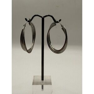 Two Tone Silver & Bronze Tone Triple Band Hoop Earrings – Layered Hinged Hoops